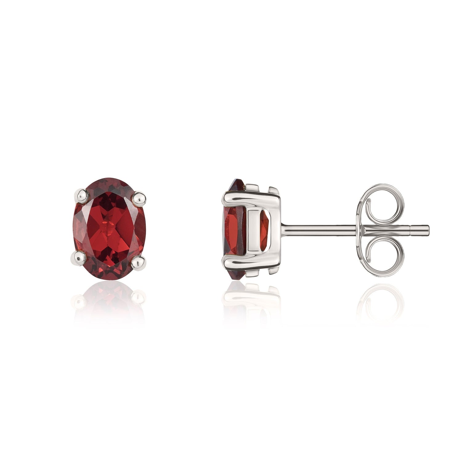 9ct White Gold Oval Natural Garnet Claw Stud Earrings — 7x5mm