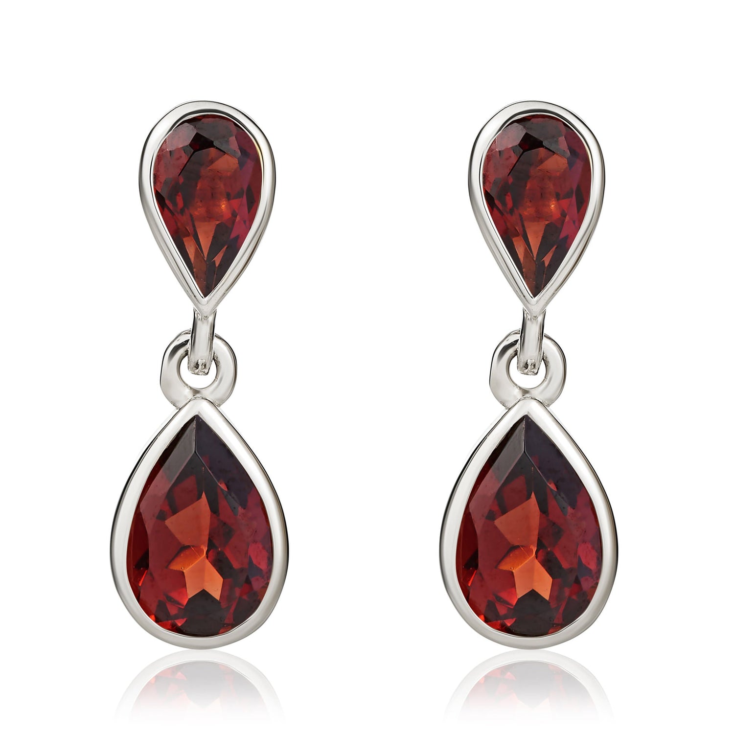 9ct White Gold Pear Shaped Natural Garnet Two Stone Rubover Drop Earrings