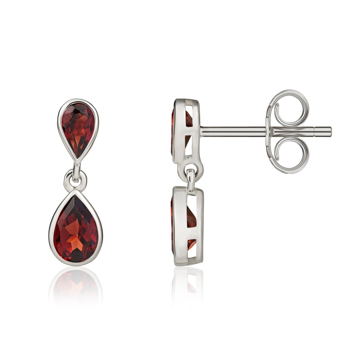 9ct White Gold Pear Shaped Natural Garnet Two Stone Rubover Drop Earrings