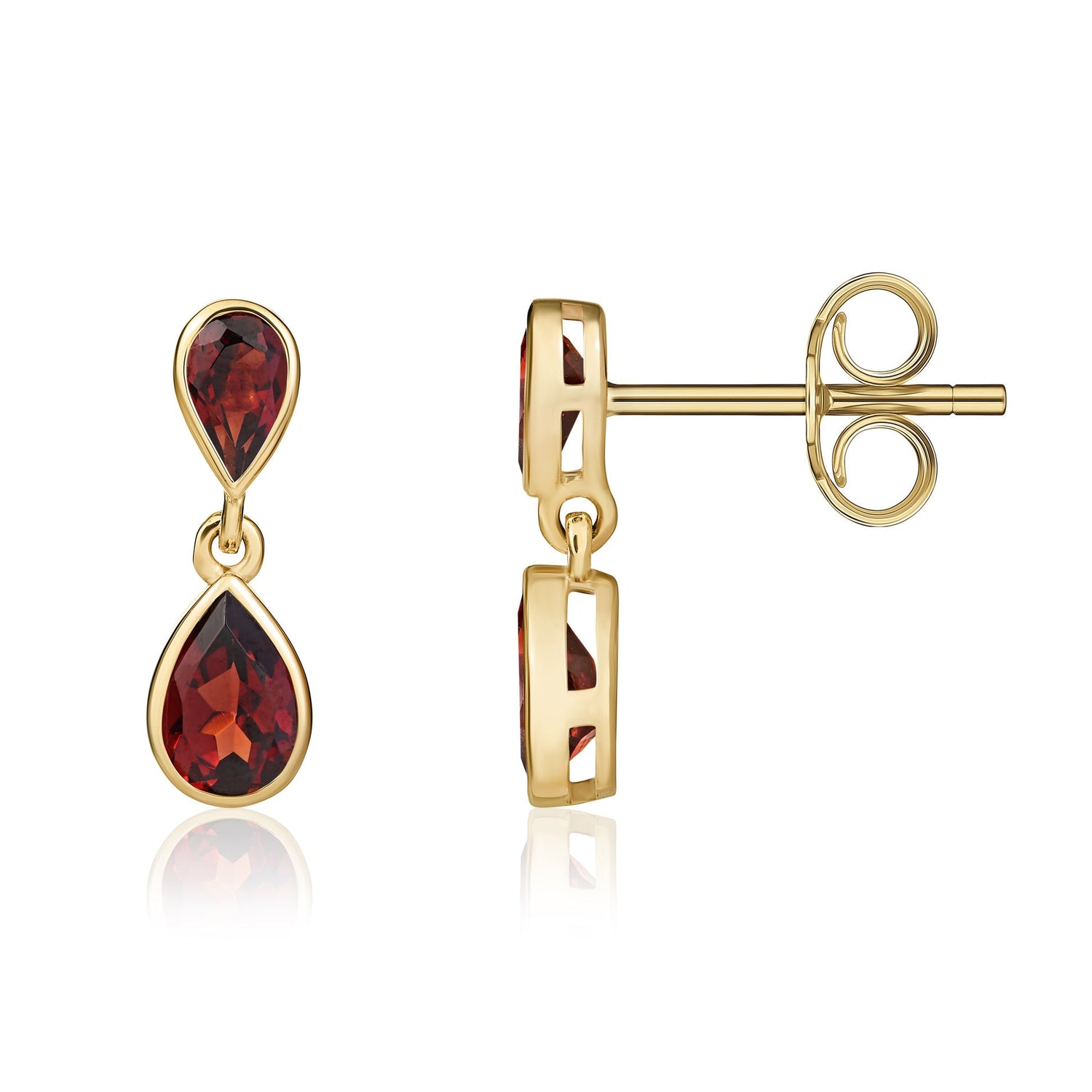 9ct Yellow Gold Pear Shaped Natural Garnet Two Stone Rubover Drop Earrings