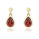 9ct Yellow Gold Pear Shaped Natural Garnet Rubover Drop Earrings with 2.5mm Bead Top — 6x4mm