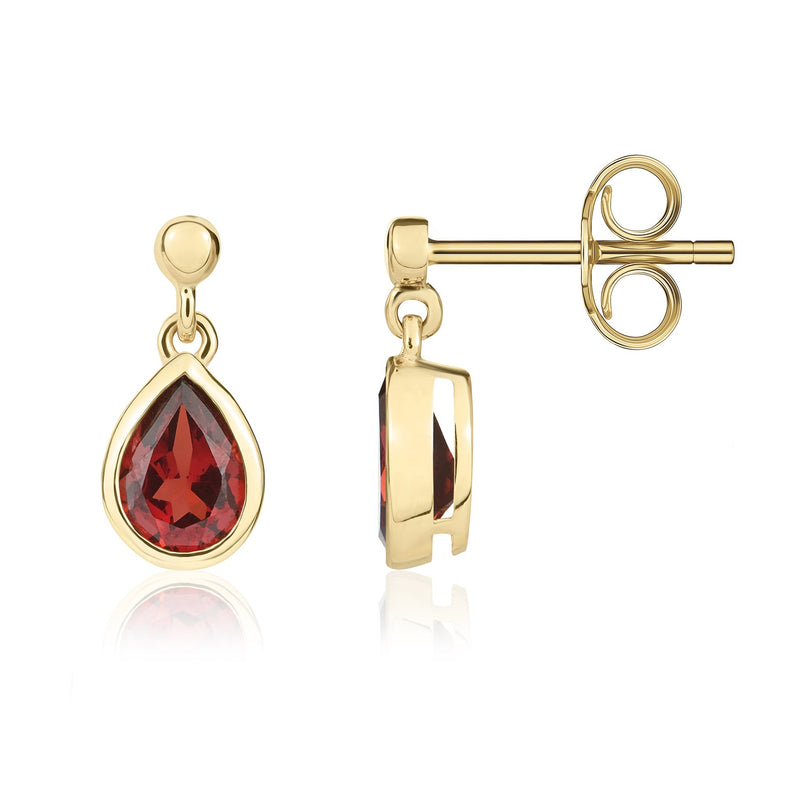 9ct Yellow Gold Pear Shaped Natural Garnet Rubover Drop Earrings with 2.5mm Bead Top — 6x4mm