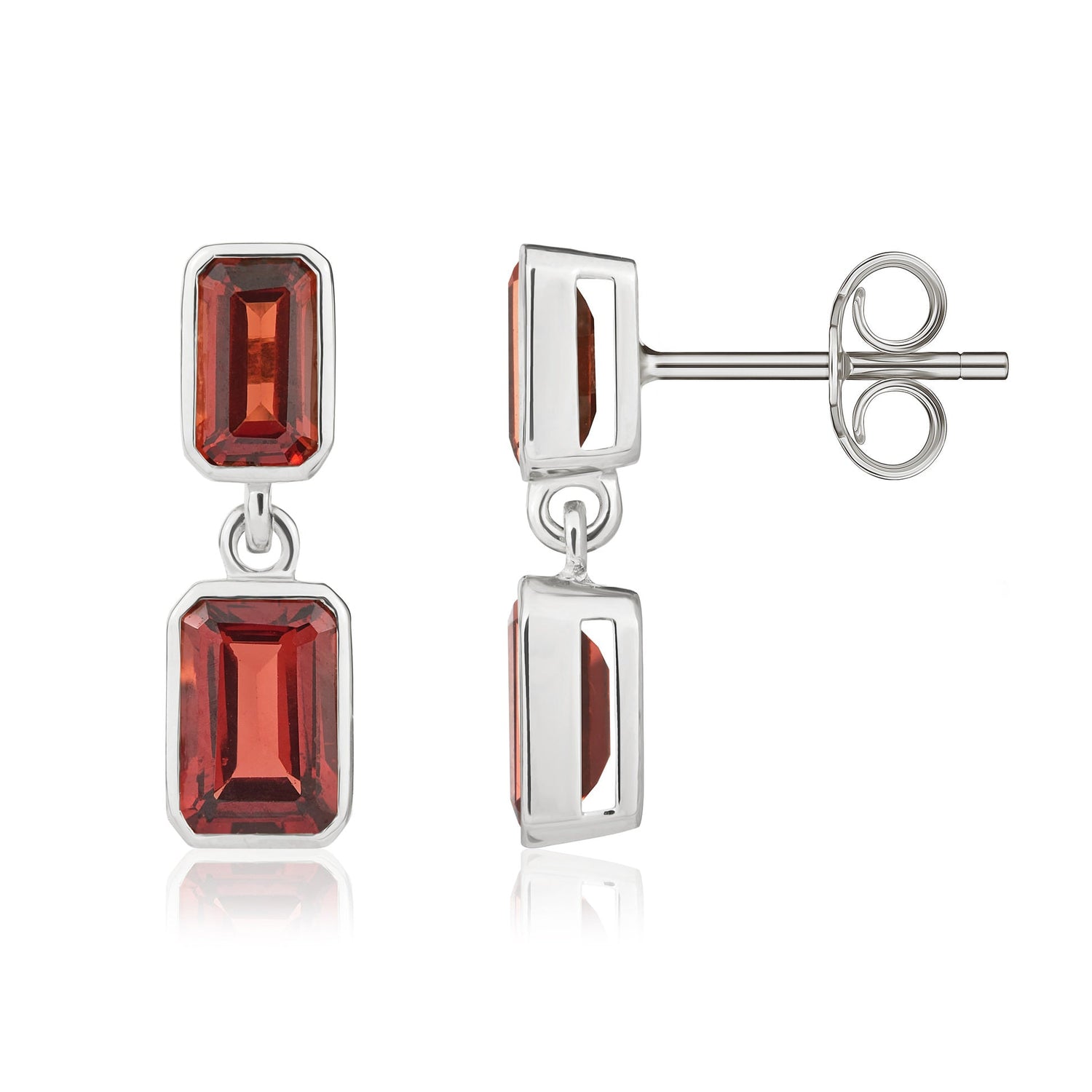 9ct White Gold Octagonal Emerald Cut Natural Garnet Double Stone Rubover Drop Earrings