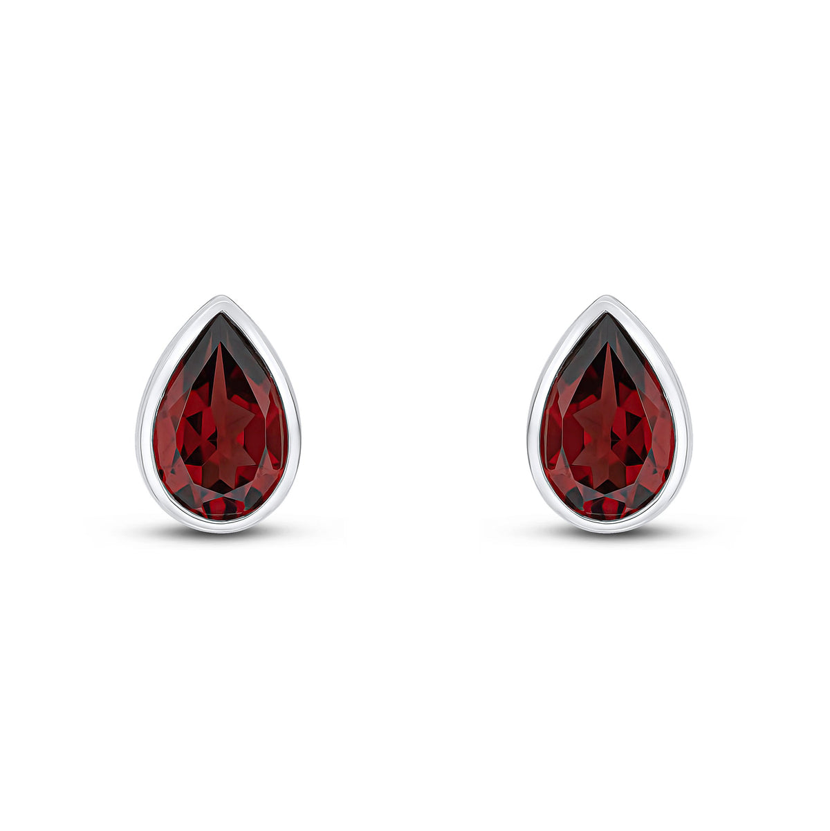 9ct White Gold Pear Shaped Natural Garnet Rubover Stud Earrings — 9x6mm