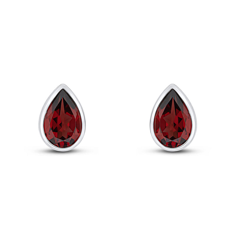 9ct White Gold Pear Shaped Natural Garnet Rubover Stud Earrings — 9x6mm