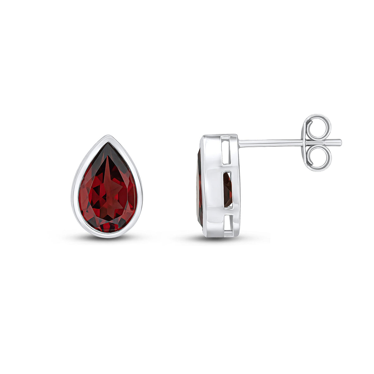 9ct White Gold Pear Shaped Natural Garnet Rubover Stud Earrings — 9x6mm