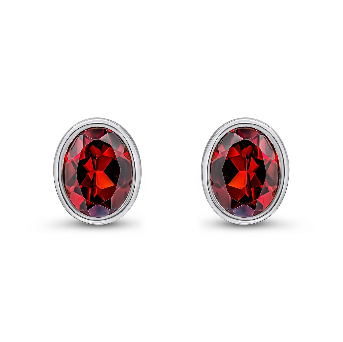 9ct White Gold Oval Natural Garnet Rubover Stud Earrings — 9x7mm