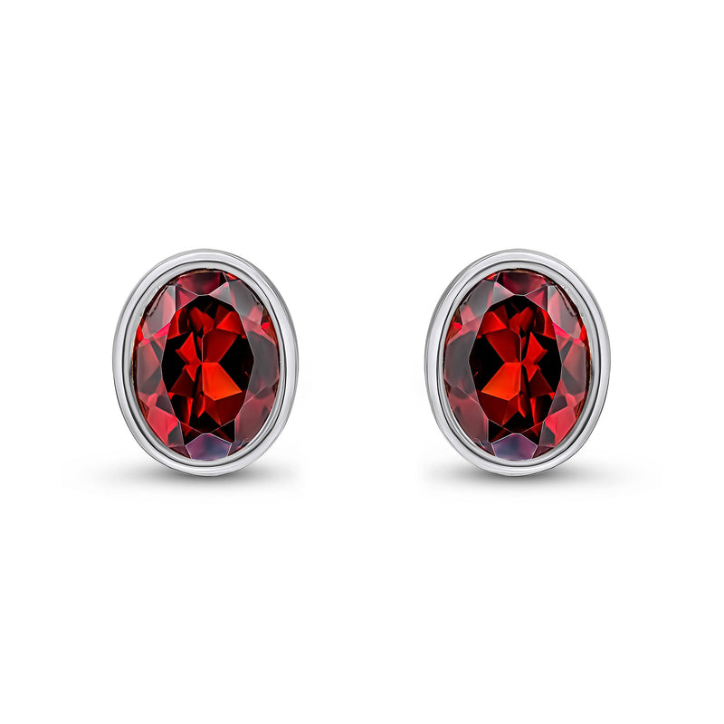 9ct White Gold Oval Natural Garnet Rubover Stud Earrings — 9x7mm