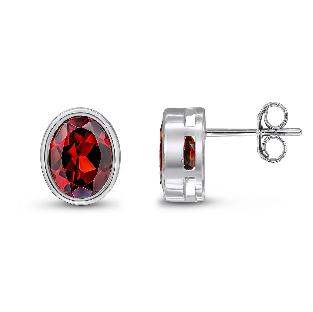 9ct White Gold Oval Natural Garnet Rubover Stud Earrings — 9x7mm