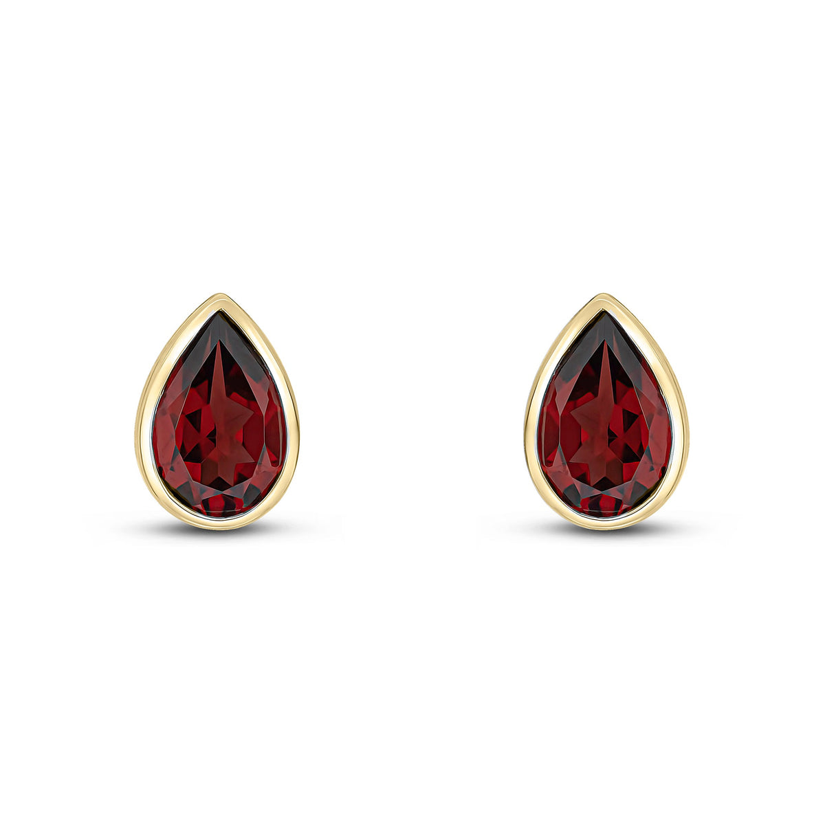 9ct Yellow Gold Pear Shaped Natural Garnet Rubover Stud Earrings — 9x6mm