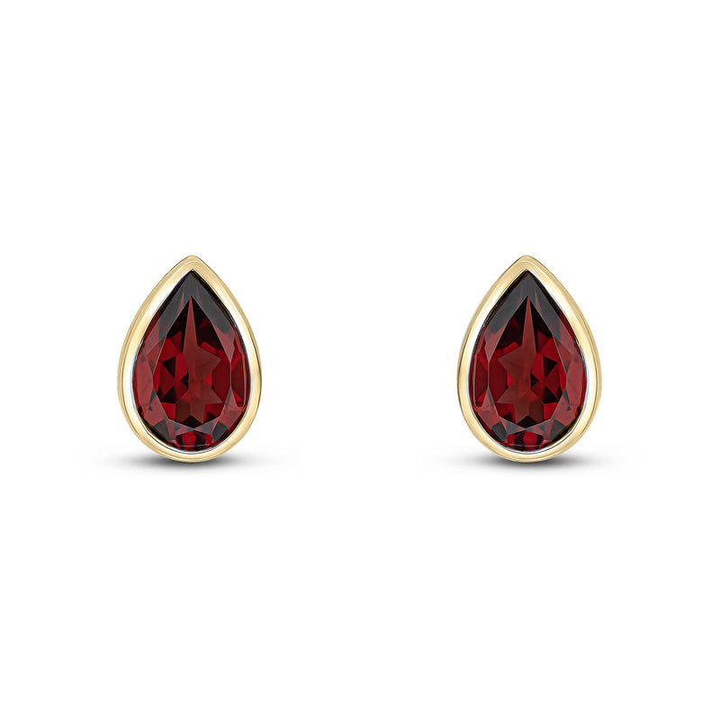 9ct Yellow Gold Pear Shaped Natural Garnet Rubover Stud Earrings — 9x6mm