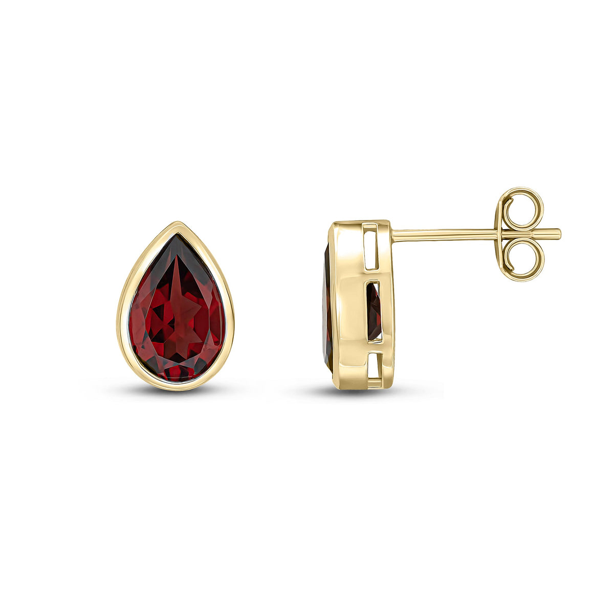 9ct Yellow Gold Pear Shaped Natural Garnet Rubover Stud Earrings — 9x6mm