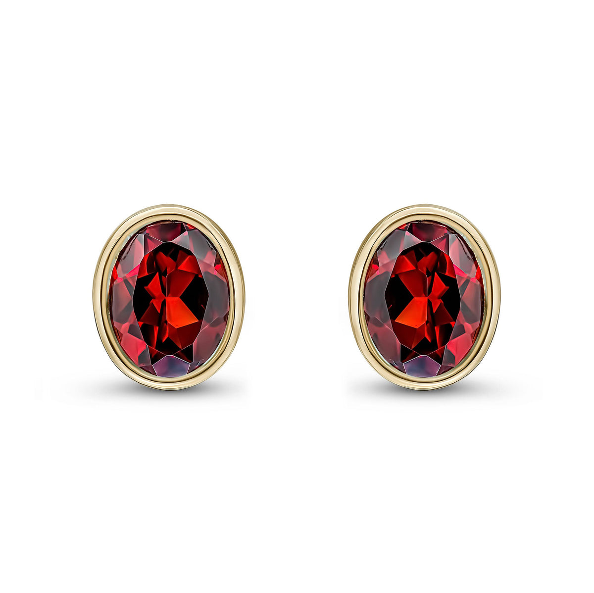 9ct Yellow Gold Oval Natural Garnet Rubover Stud Earrings — 9x7mm