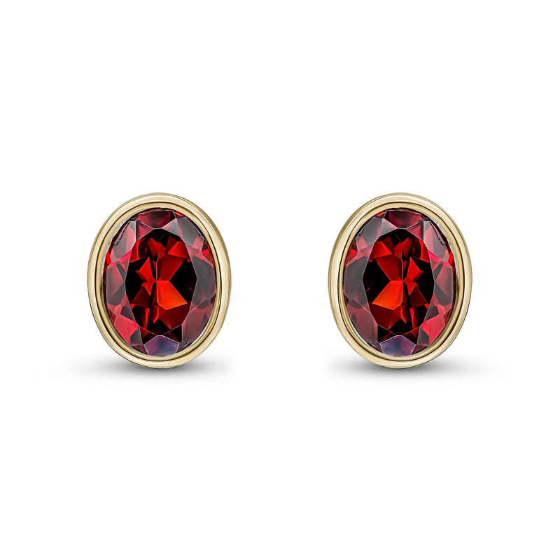 9ct Yellow Gold Oval Natural Garnet Rubover Stud Earrings — 9x7mm