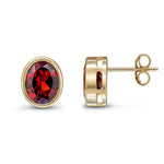 9ct Yellow Gold Oval Natural Garnet Rubover Stud Earrings — 9x7mm