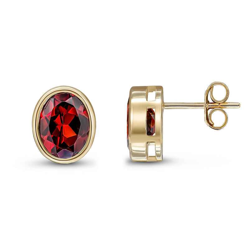 9ct Yellow Gold Oval Natural Garnet Rubover Stud Earrings — 9x7mm