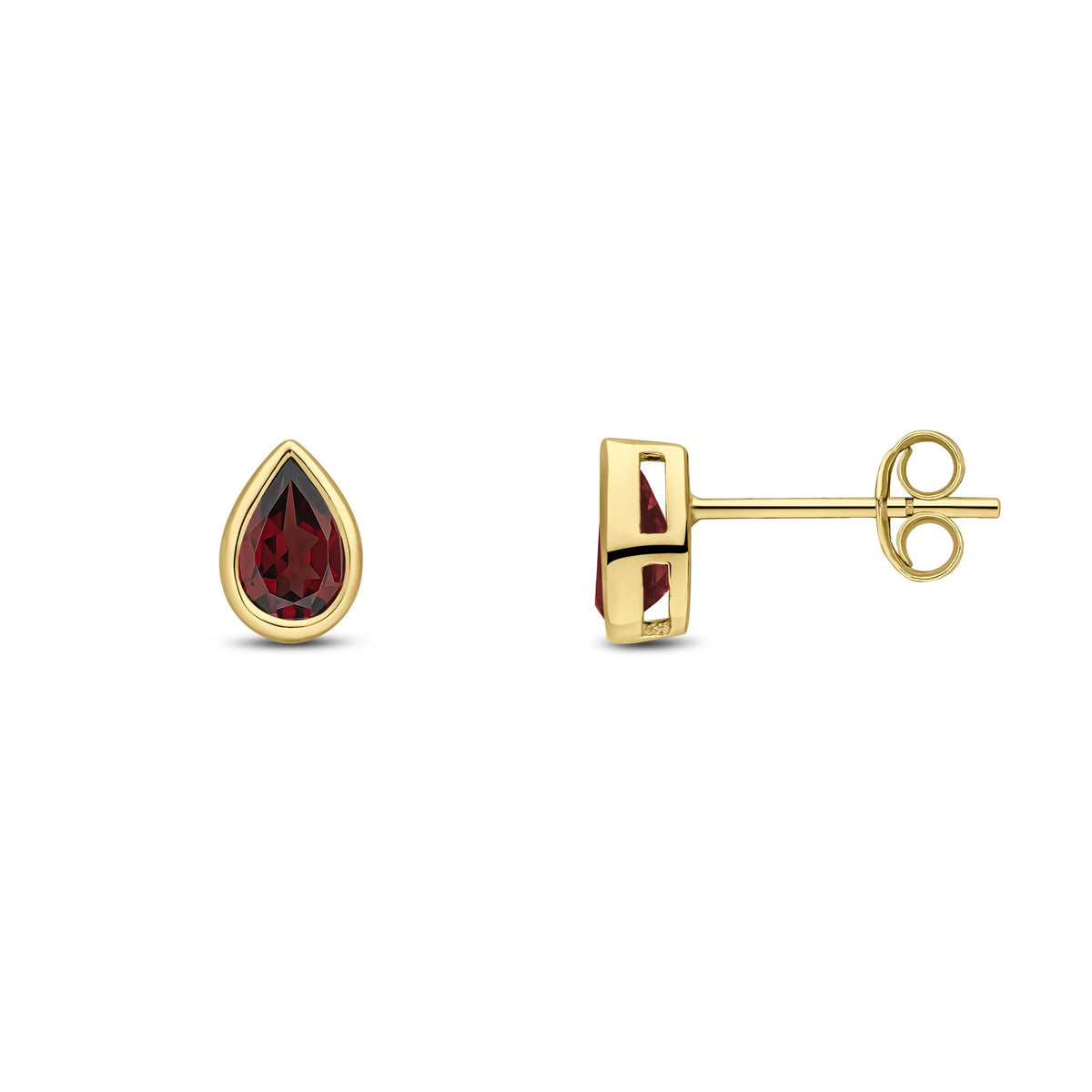 9ct Yellow Gold Pear Shaped Natural Garnet Rubover Stud Earrings — 6x4mm