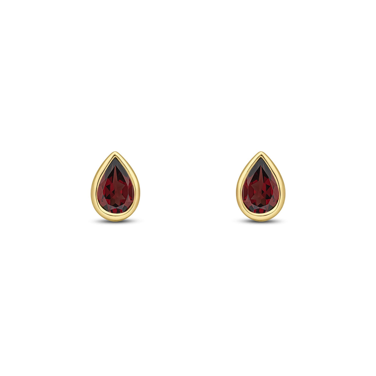 9ct Yellow Gold Pear Shaped Natural Garnet Rubover Stud Earrings — 6x4mm