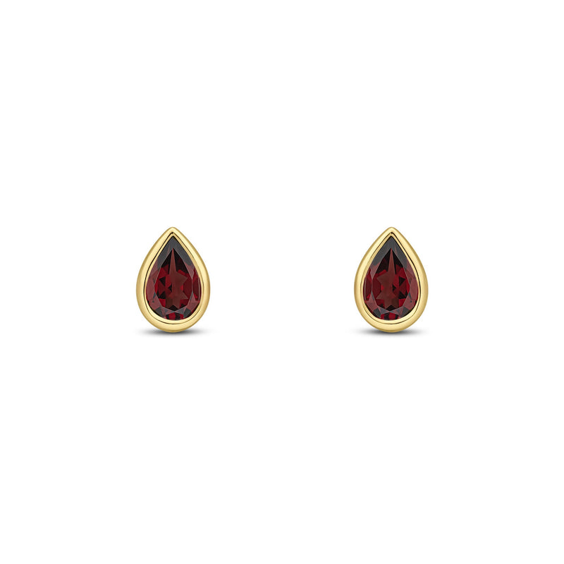 9ct Yellow Gold Pear Shaped Natural Garnet Rubover Stud Earrings — 6x4mm