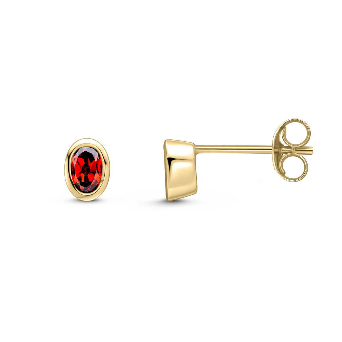 9ct Yellow Gold Oval Natural Garnet Rubover Stud Earrings — 4x3mm