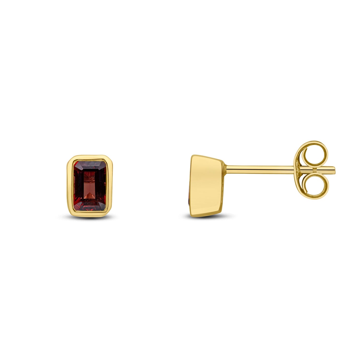 9ct Yellow Gold Octagonal Emerald Cut Natural Garnet Rubover Stud Earrings — 5x3mm