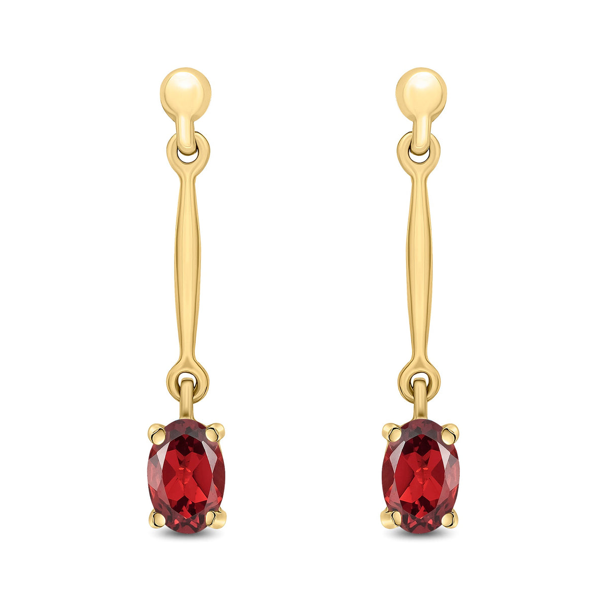 9ct Yellow Gold Oval Natural Garnet Claw Bar Drop Earrings — 6x4mm