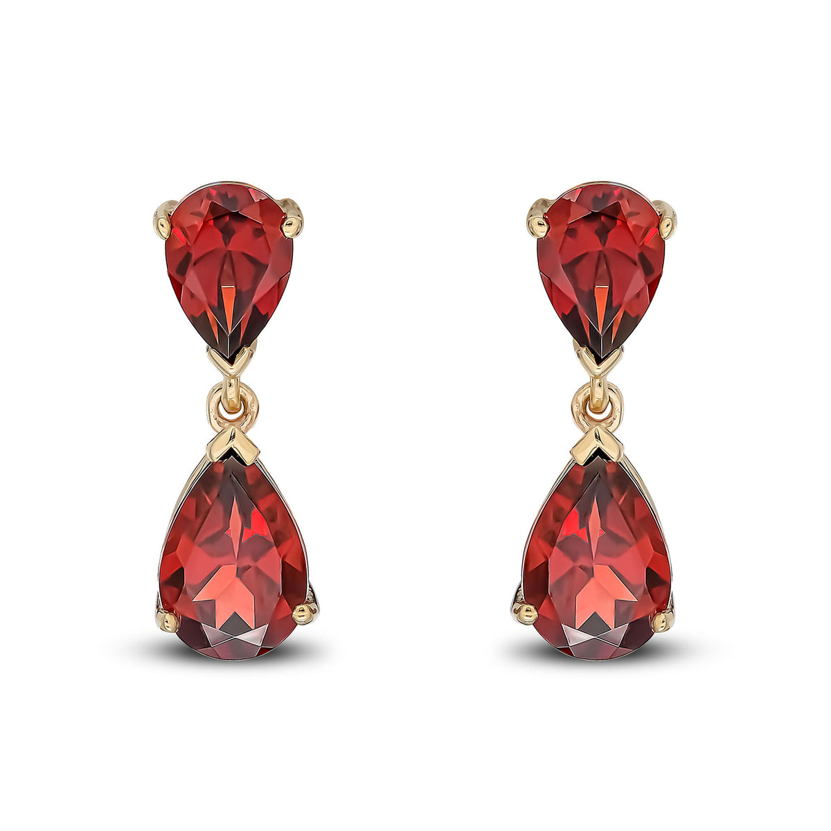 9ct Yellow Gold Pear Shaped Natural Garnet Two Stone Claw Drop Earrings — 9x6mm