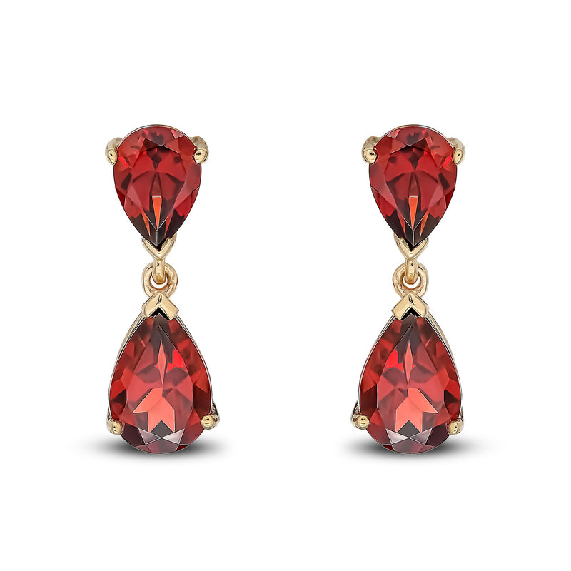9ct Yellow Gold Pear Shaped Natural Garnet Two Stone Claw Drop Earrings — 9x6mm