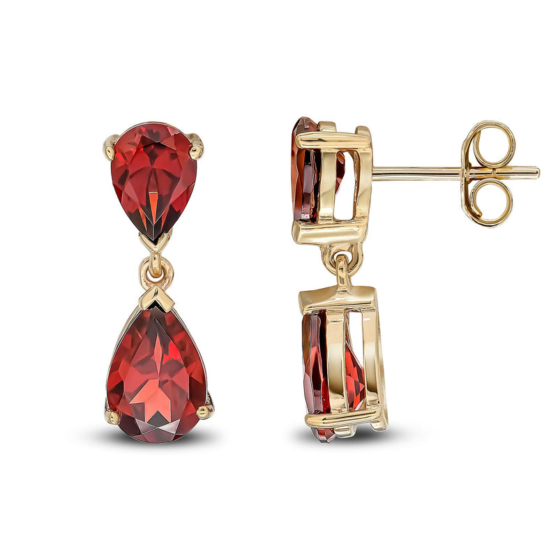 9ct Yellow Gold Pear Shaped Natural Garnet Two Stone Claw Drop Earrings — 9x6mm