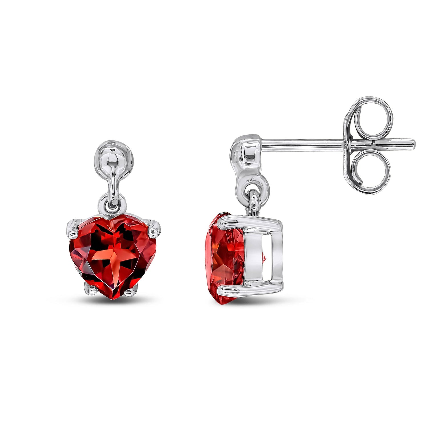 9ct White Gold Heart Natural Garnet Claw Drop Earrings — 6mm