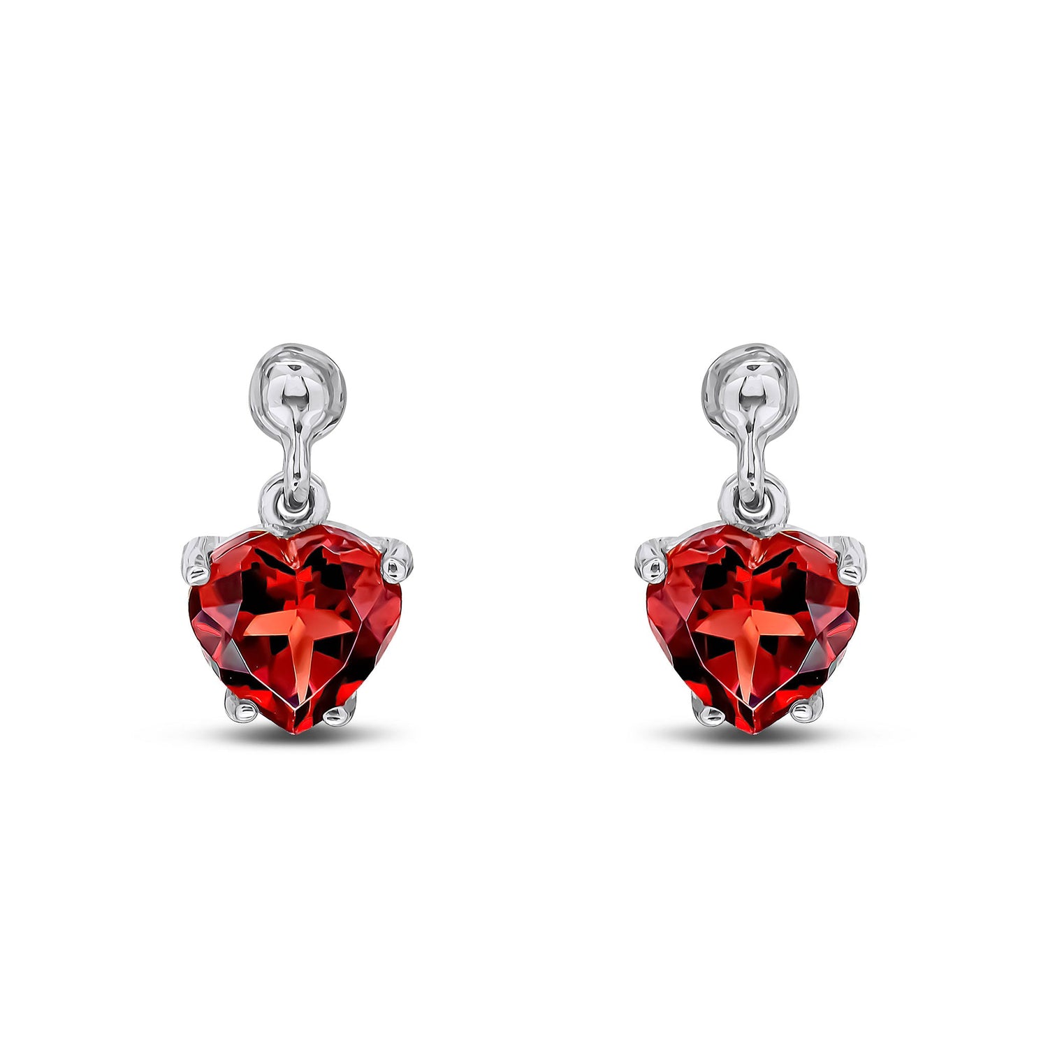 9ct White Gold Heart Natural Garnet Claw Drop Earrings — 6mm