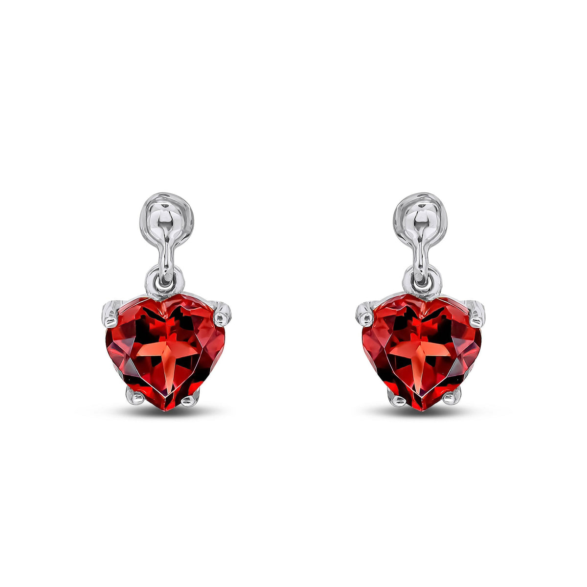 9ct White Gold Heart Shaped Natural Garnet Claw Drop Earrings with Bead Top — 6mm