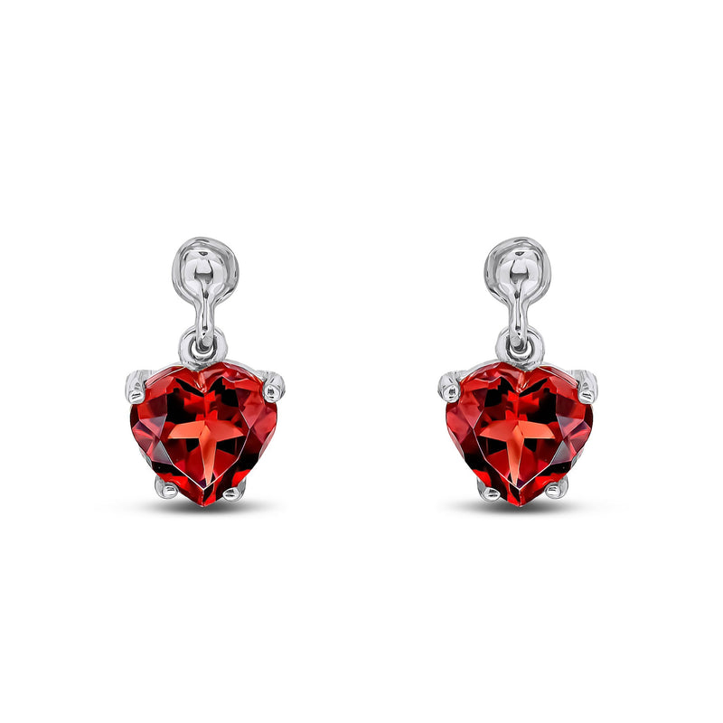 9ct White Gold Heart Shaped Natural Garnet Claw Drop Earrings with Bead Top — 6mm
