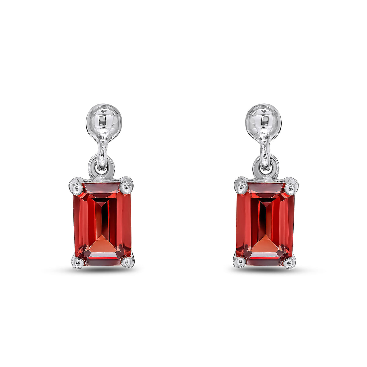 9ct White Gold Octagonal Emerald Cut Natural Garnet Claw Drop Earrings — 6x4mm