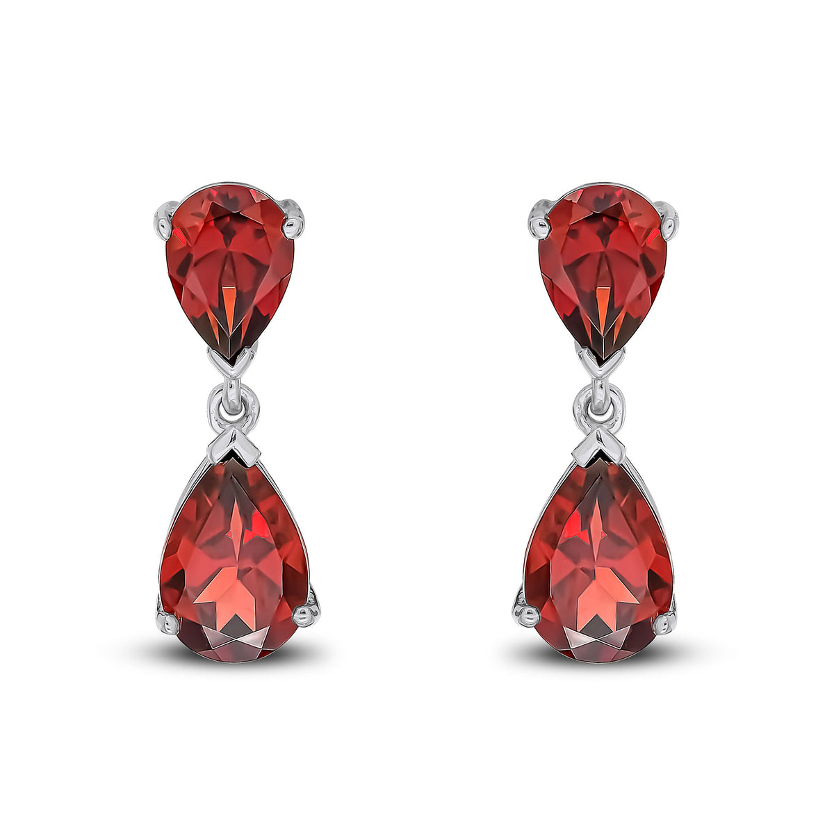 9ct White Gold Pear Shaped Natural Garnet Two Stone Claw Drop Earrings — 9x6mm
