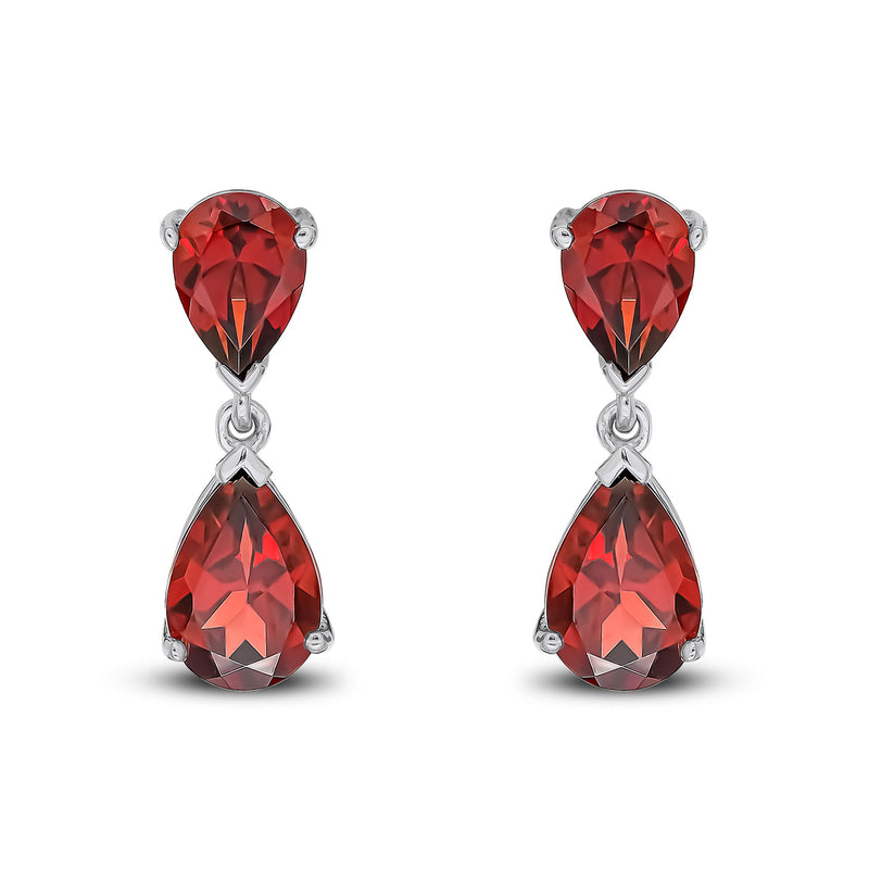9ct White Gold Pear Shaped Natural Garnet Two Stone Claw Drop Earrings — 9x6mm