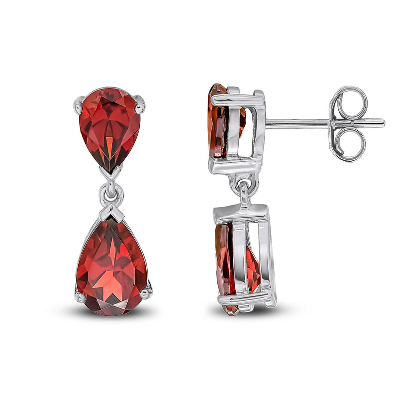 9ct White Gold Pear Shaped Natural Garnet Two Stone Claw Drop Earrings — 9x6mm