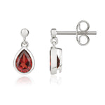 9ct White Gold Pear Shaped Natural Garnet Rubover Drop Earrings with 2.5mm Bead Top — 6x4mm