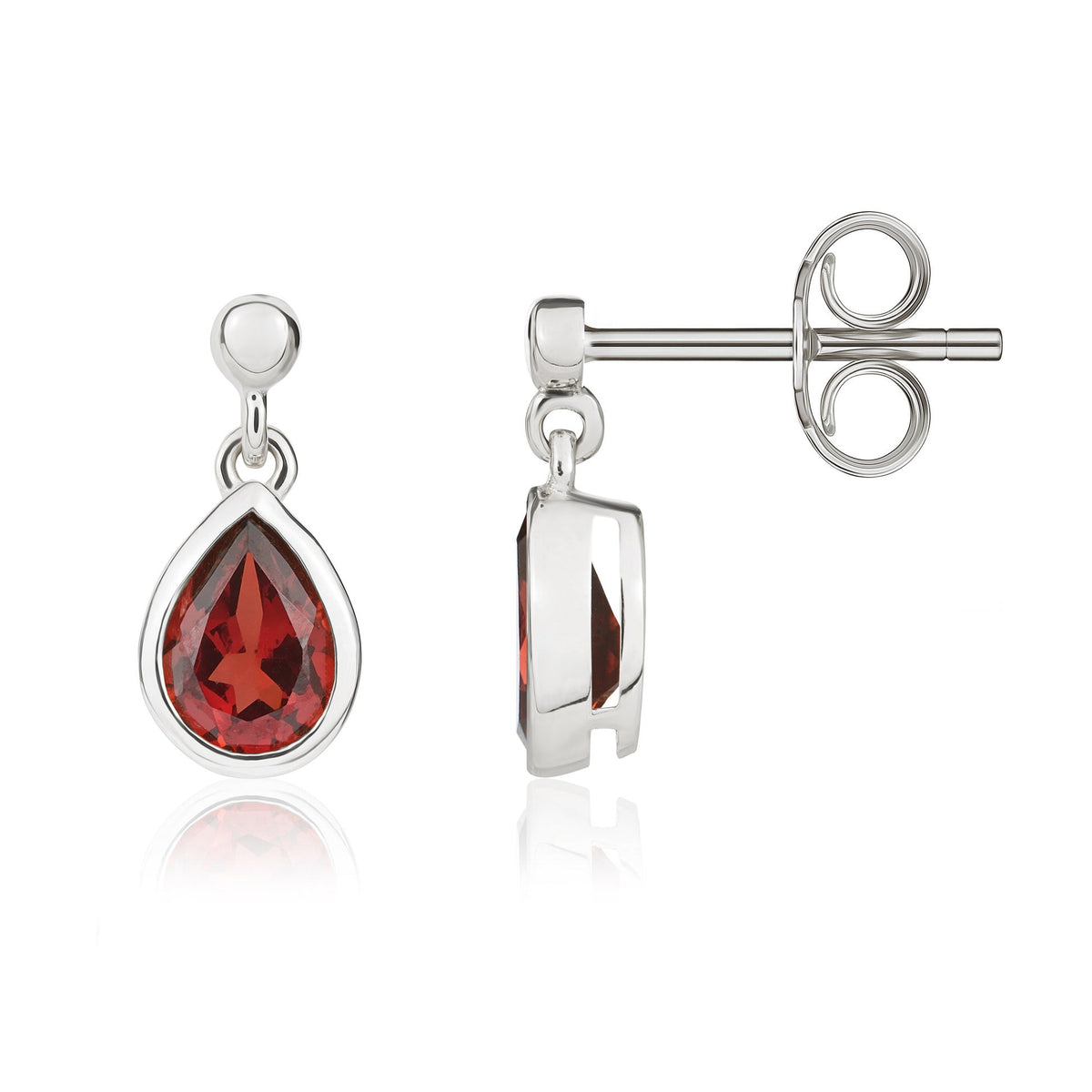 9ct White Gold Pear Shaped Natural Garnet Rubover Drop Earrings with 2.5mm Bead Top — 6x4mm