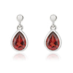 9ct White Gold Pear Shaped Natural Garnet Rubover Drop Earrings with 2.5mm Bead Top — 6x4mm