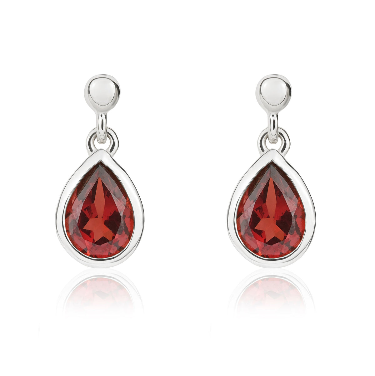 9ct White Gold Pear Shaped Natural Garnet Rubover Drop Earrings with 2.5mm Bead Top — 6x4mm
