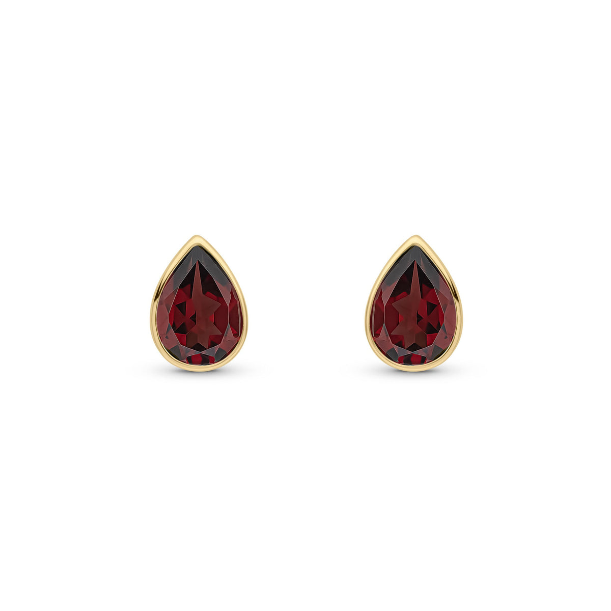 9ct Yellow Gold Pear Shaped Garnet Rubover Stud Earrings — 7x5mm