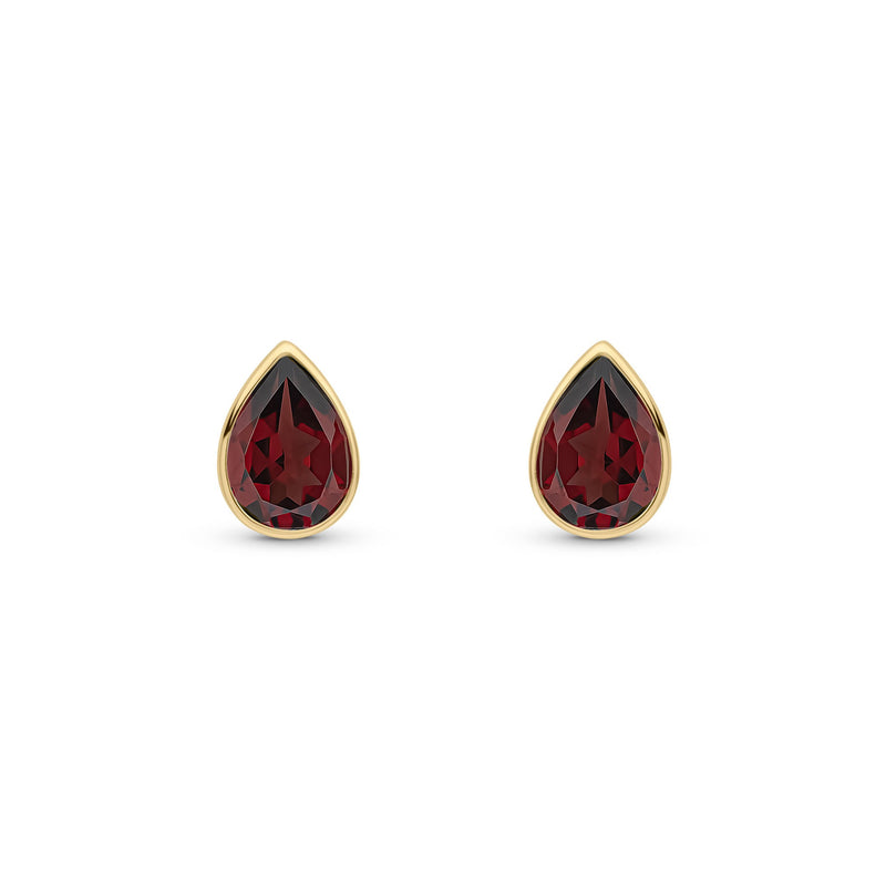 9ct Yellow Gold Pear Shaped Garnet Rubover Stud Earrings — 7x5mm