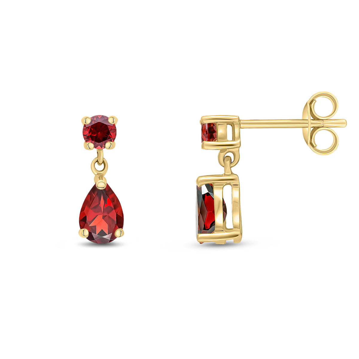 9ct Yellow Gold Round and Pear Shaped Two Stone Claw Drop Earrings