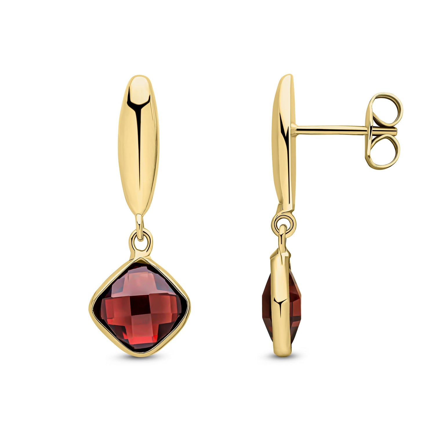 9ct Yellow Gold Checkerboard Cushion Natural Garnet and Polished Torpedo Top Drop Earrings — 27mm