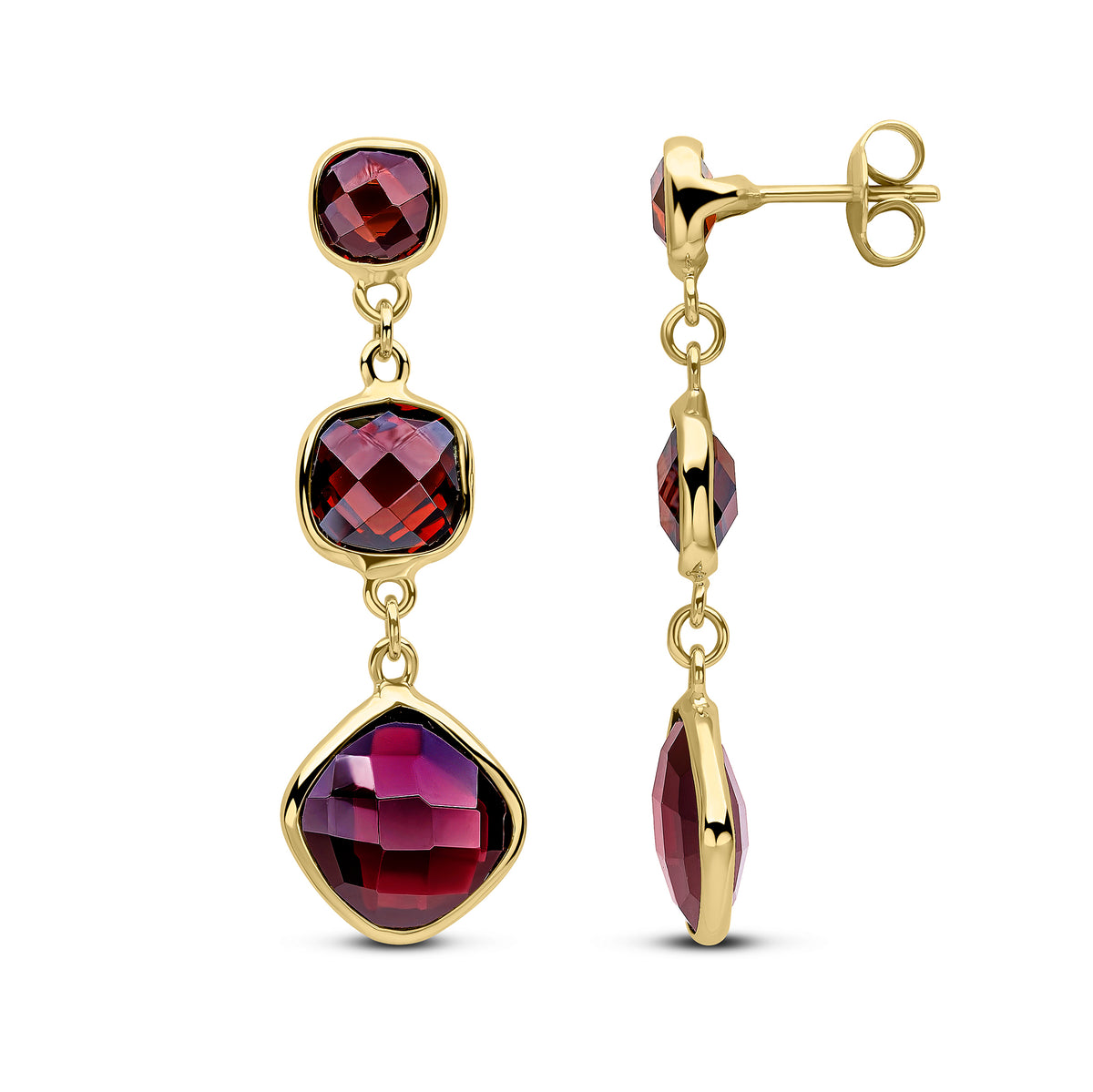 9ct Gold Checkerboard Cushion 3 Stone Drop Earrings