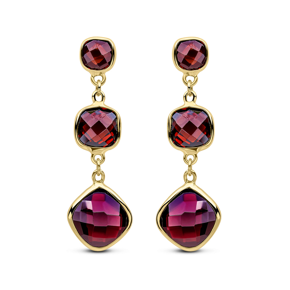 9ct Gold Checkerboard Cushion 3 Stone Drop Earrings