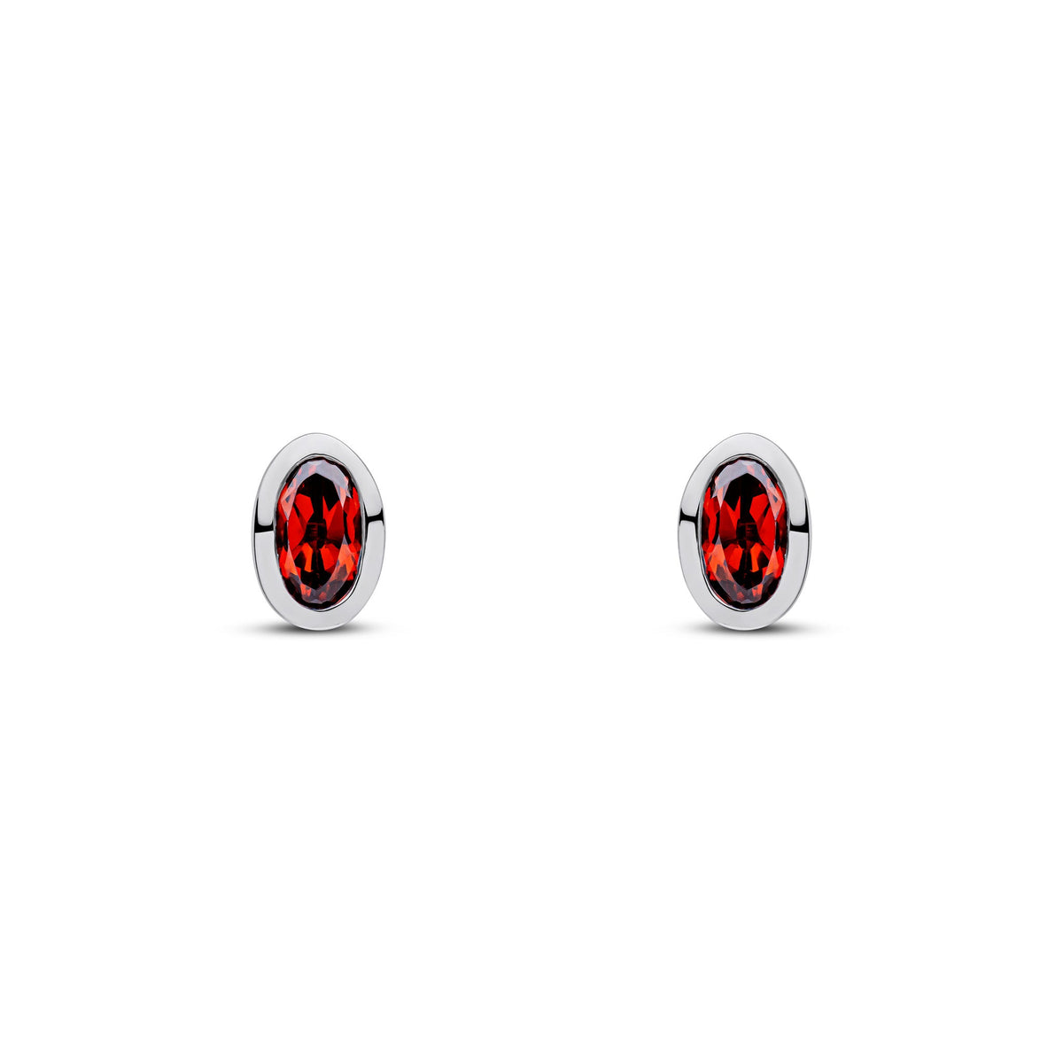 9ct White Gold Oval Natural Garnet Rubover Stud Earrings — 5x3mm