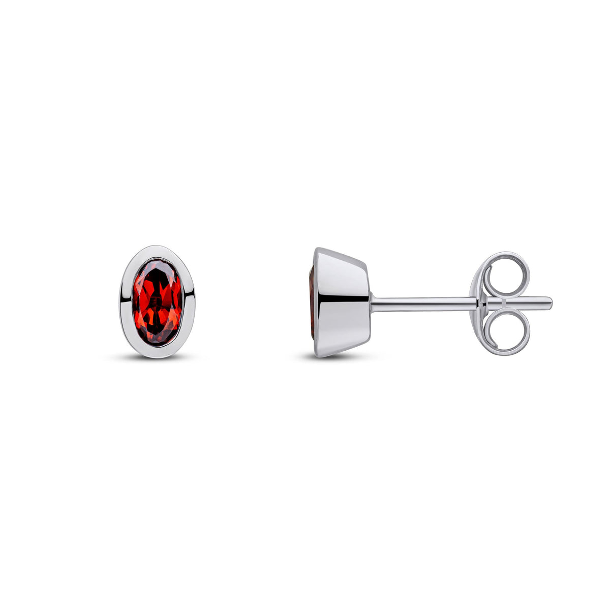 9ct White Gold Oval Natural Garnet Rubover Stud Earrings — 5x3mm