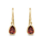9ct Yellow Gold Pear Shaped Natural Garnet Rubover Wire Hook Drop Earrings — 6x4mm